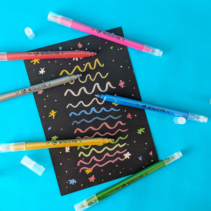 Set Of 6 Metallic Double Nibbed Pens